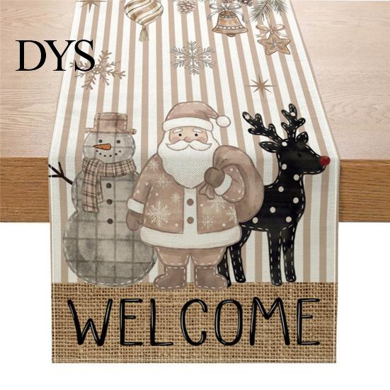 Farmhouse Table Runner Linen Christmas Runner, Winter Reindeer Santa Seasonal Home Decorations Prints, Tabletop Overlay for Holiday Dining Decor