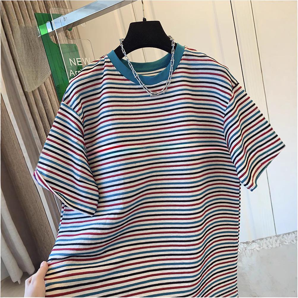 European Plus Size Striped Short Sleeve T-shirt for Women - Versatile Summer Loose Top