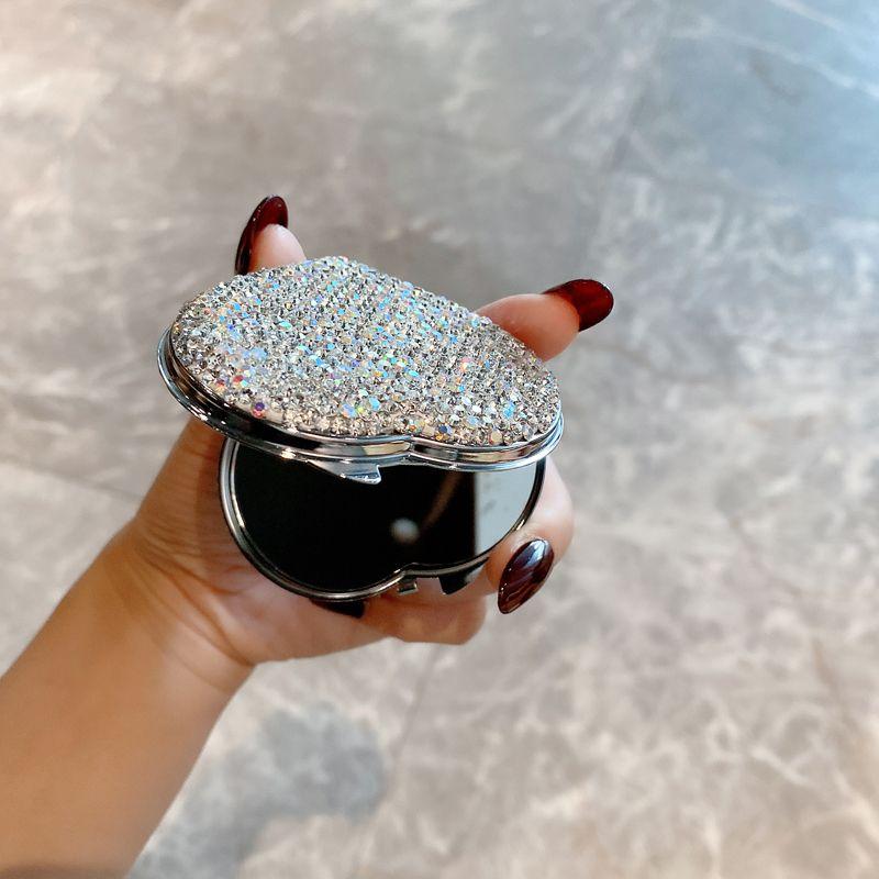 Portable Diamond-encrusted Hand-held Folding Double-sided Mirror Korean Creative Mini Makeup Mirrors  Pratical and Small