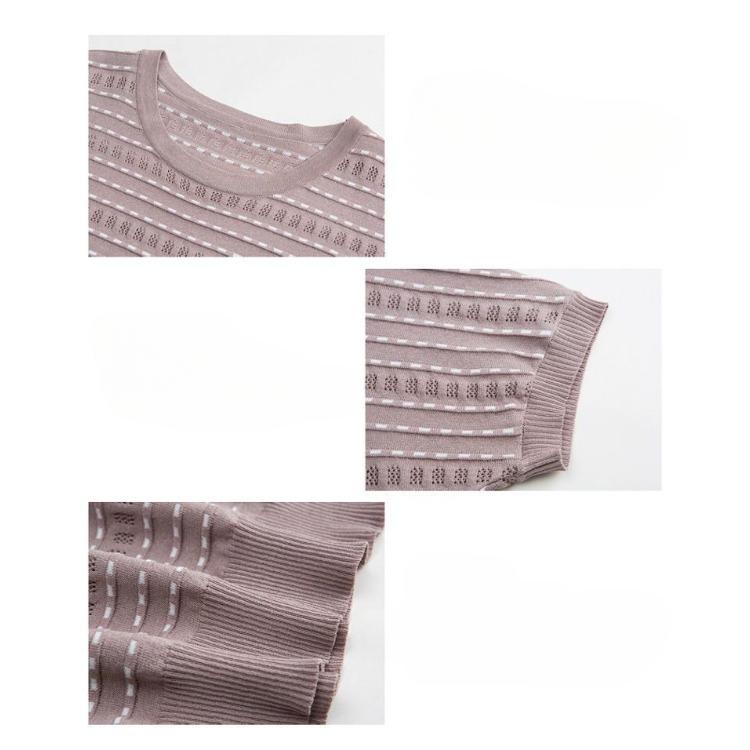 Summer Round Neck Knitted T-shirt Women's Pullover Short Sleeved Striped Hollowed Out Small Shirt Loose T-shirt Top