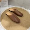 Johnature Retro Splicing Sewing Flat Slippers Round Toe Genuine Leather Soft Sole Solid Color Women's Shoes
