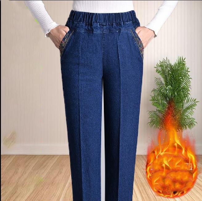 

Осень и Зима Модели Плюс Сайз Утепленные Женские Однотонные Тонкие С Высокой Посадкой Прямые Эластичные Джинсы Повседневные Брюки S