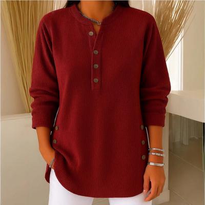 Women's Deep Red V Neck Long Sleeve Button Down Top with Side Slit