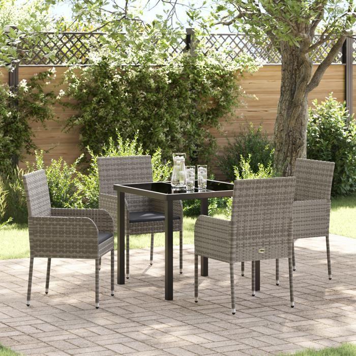 VidaXL Ensemble de Salle à Manger de Jardin 5 Pièces avec Coussins Gris Poly Rattan 3380107
