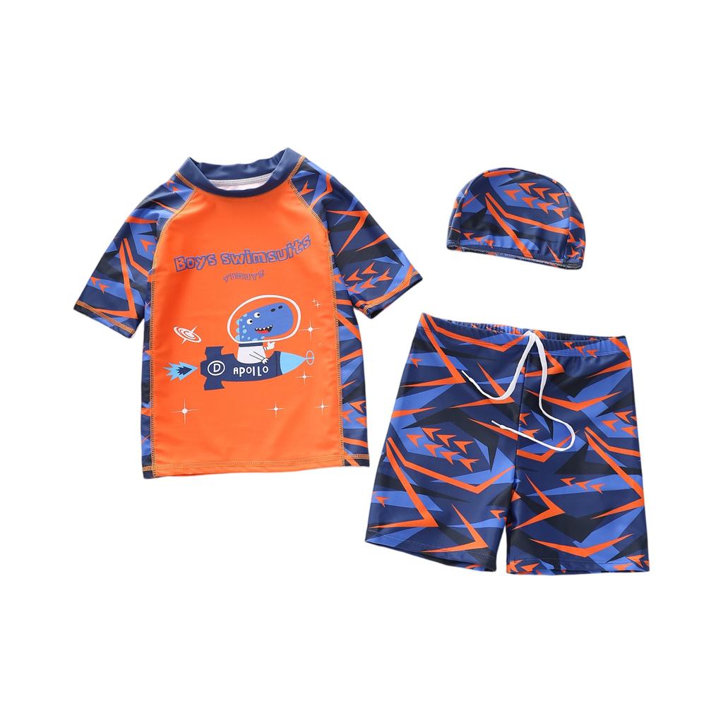 Boys Three Piece Swimsuit Set Short Sleeve Rash Guard Swim Shirt Swim Shorts and Swim Cap Cartoon Dinosaur Print Sun Protection Swimwear