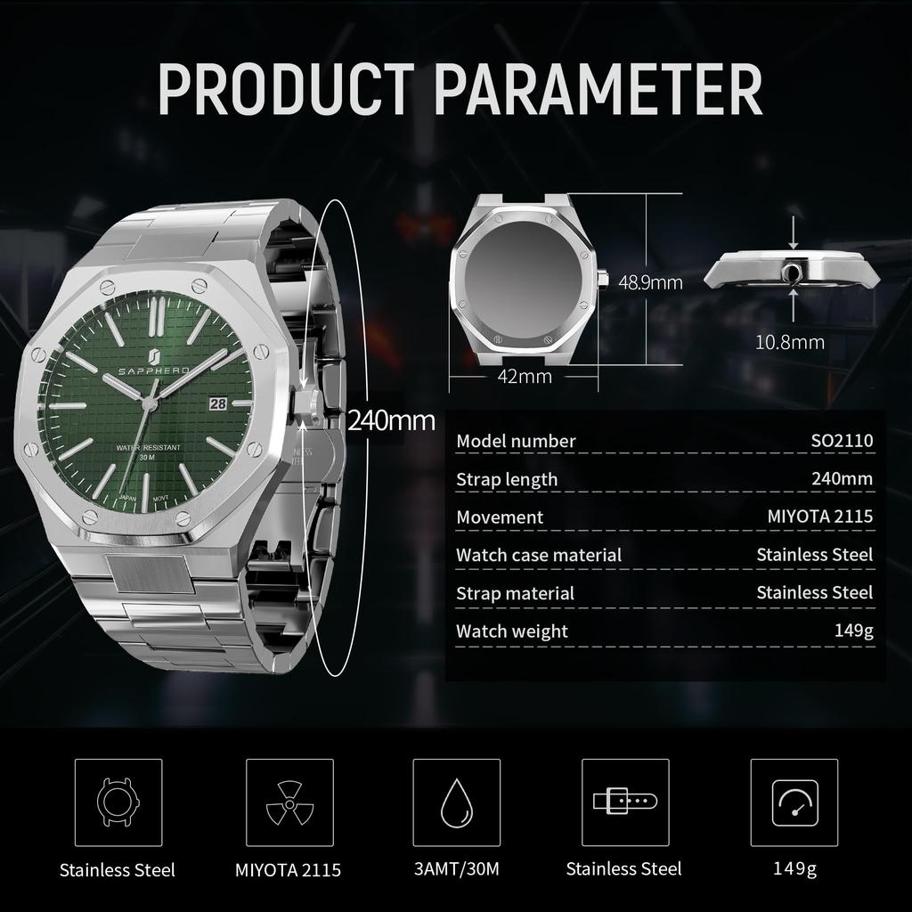 SAPPHERO Octagonal Stainless Steel Waterproof Luminous Wristwatch Luxury Analog Quartz Watch with Date Display Dress Business Watch Casual Luxury