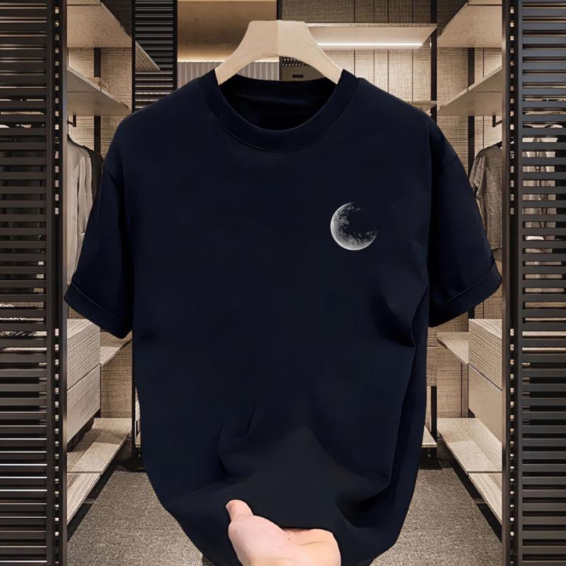 Mens American Style Heavyweight Cotton Loose Short Sleeve Cartoon Moon Print T Shirt S