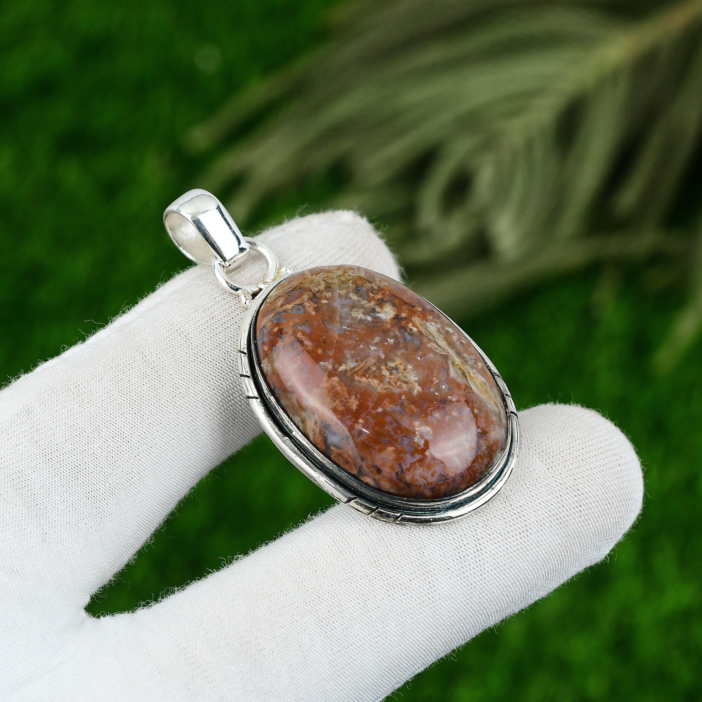 

Sterling Silver Oval Natural Seam Agate Wife Bezel Handcrafted Wedding Pendant