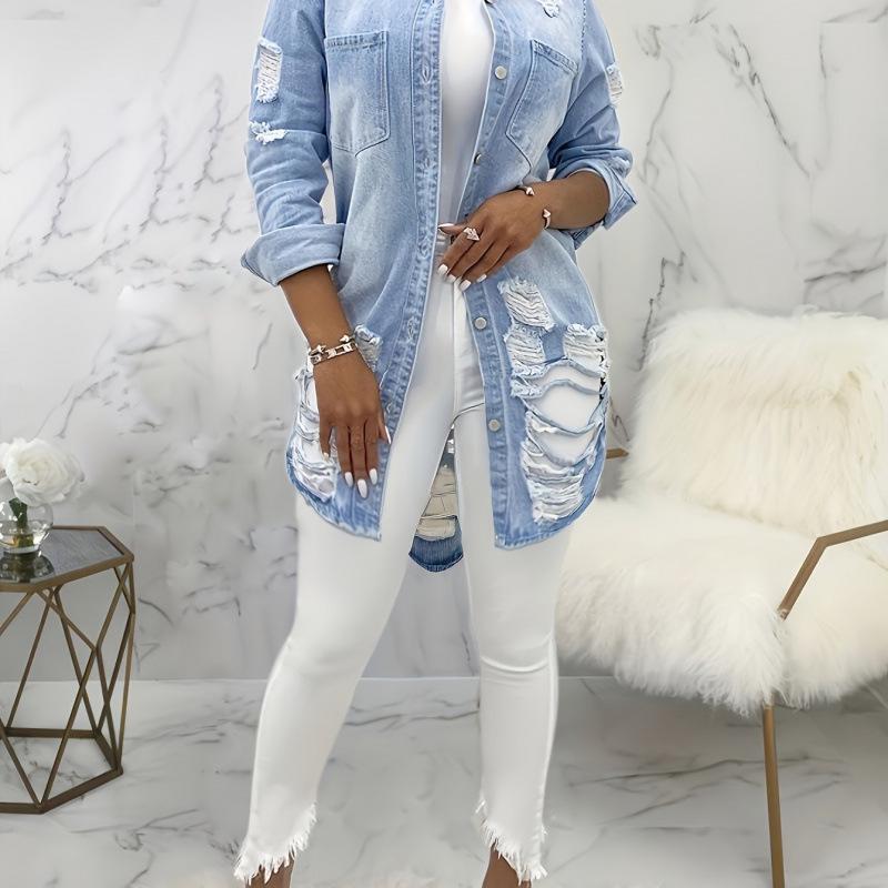 2025 Women s Retro Distressed Long-Sleeve Denim Jacket with Button Closure XXL