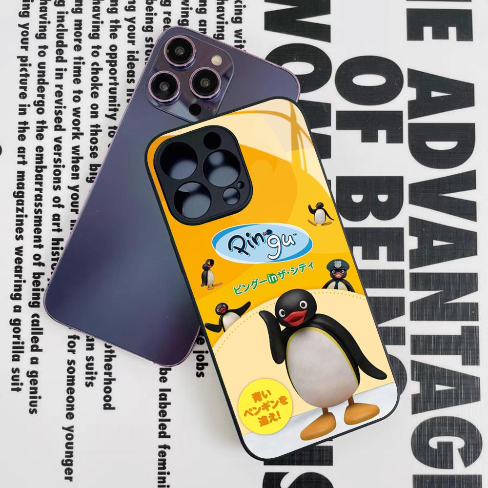 

Cartoon P-Pingu Penguin Cute Phone Case for Iphone 16 15 14 12 11 13 Pro Max Mini 8 X Xr Xs Puls Black Glass Cover iPhone13 ProMax