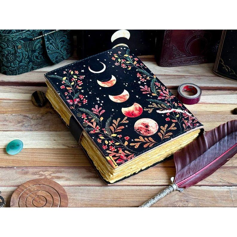 Moon Phase Vintage Leather Journal for Men & Women 200 Pages of Antique Handmade Deckle Edge Paper, Leather Sketchbook, Christmas Gift