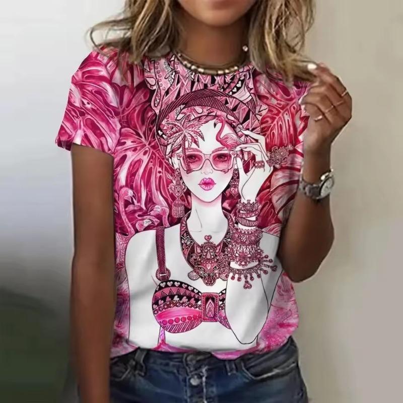 Women's T-shirt 3D Printed Casual Short Sleeved Cartoon Girl Pattern Print O-Neck Top Fashionable Street Women's Clothing