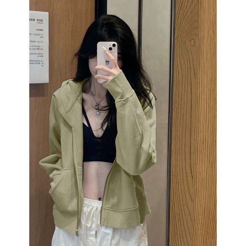 Women's Gray Slim-Fit Hooded Zip-Up Sweatshirt Jacket - Spring & Autumn Cardigan