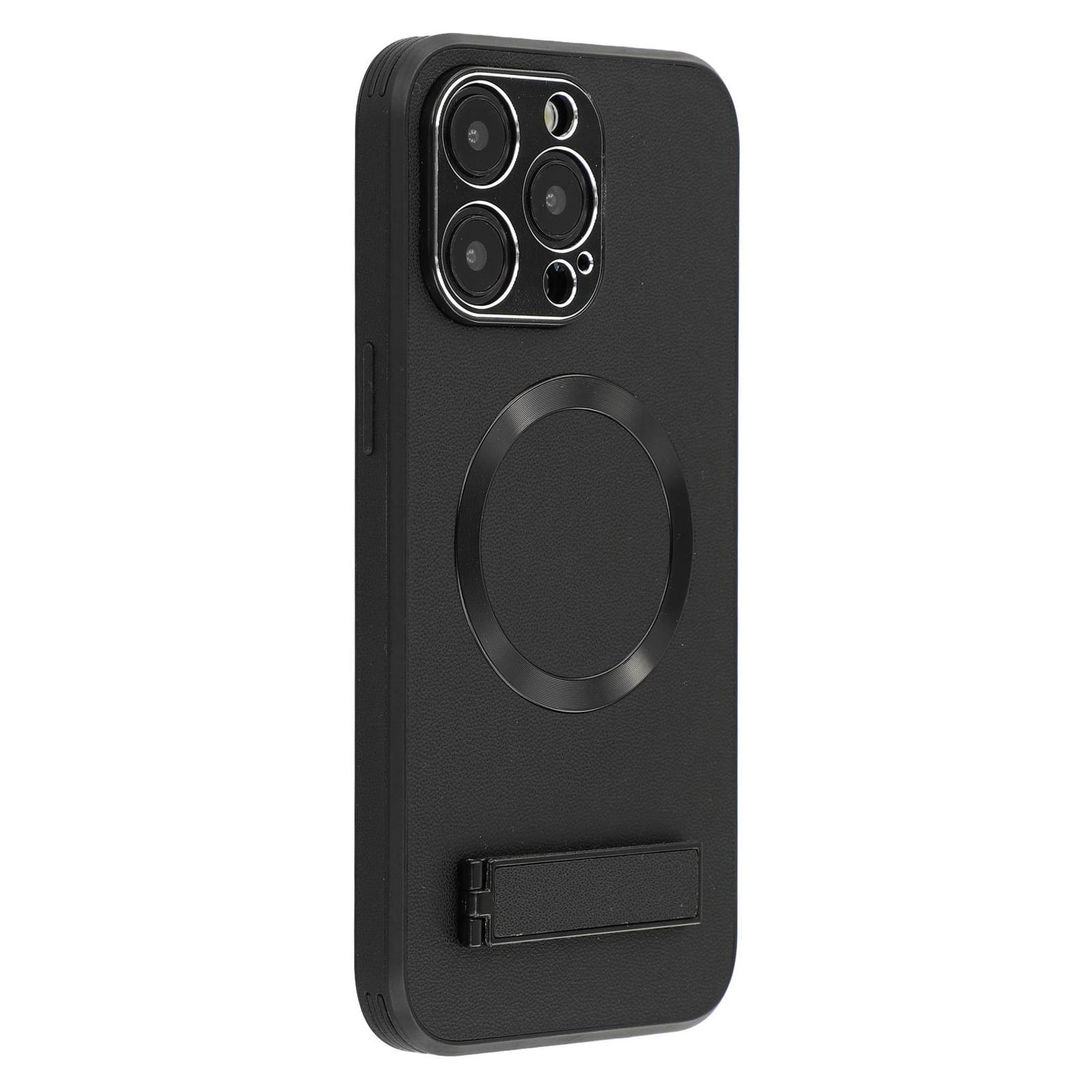 

For iPhone 15 Pro Max Kickstand Case Compatible with MagSafe PC+TPU+PU Phone Back Cover Black
