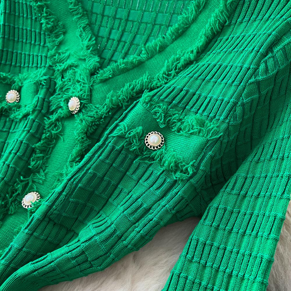 Neue Damenkleider Herbst Winter Vintage Patchwork Strick-Midikleid Elegant V-Ausschnitt Damen Rüschenhemd Pulloverkleid