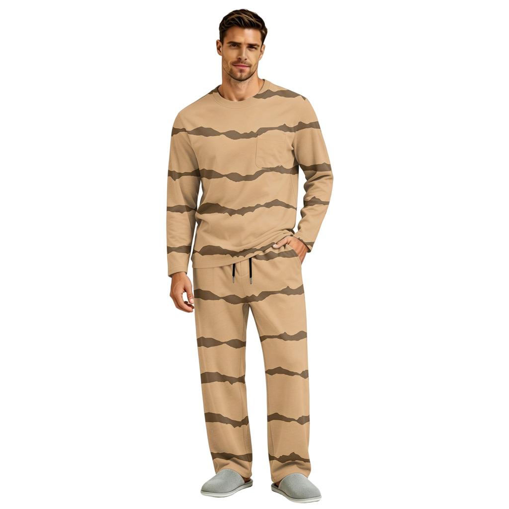 Men's Pajama Set Long Sleeve Top and Long Pants with Button Crotch and Elastic Drawstring Waist for Home Loungewear