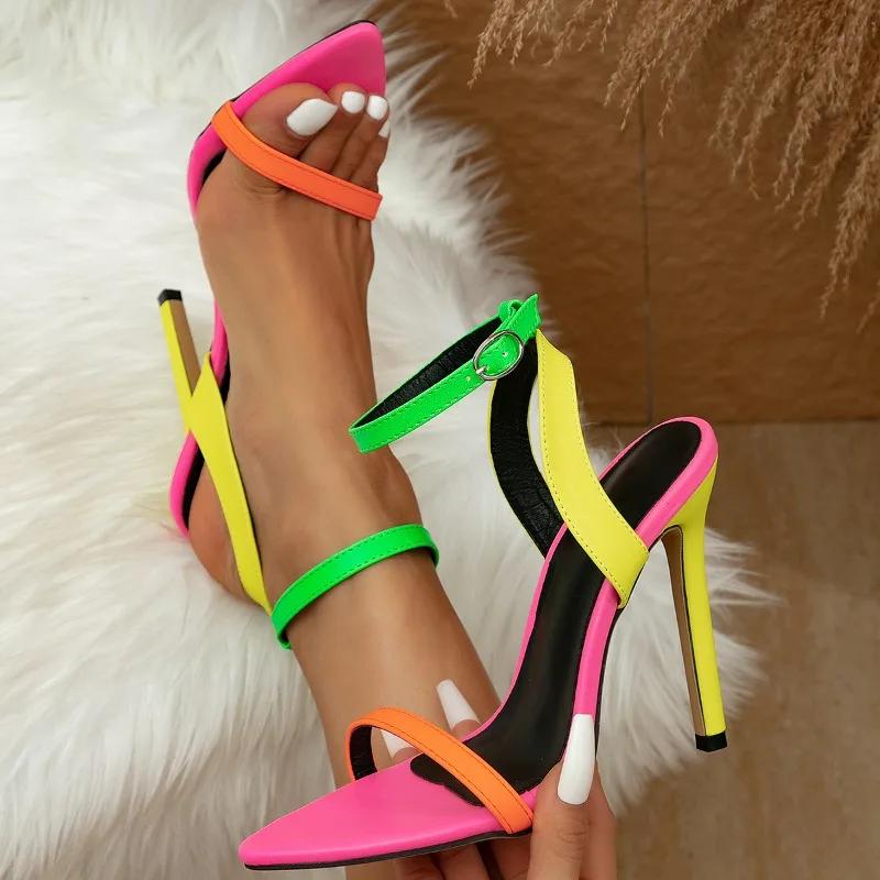 Mixed Colors Women Sexy Stiletto Sandals Cozy Leather Pointed Toe Buckle Strap High Heels Summer Party Prom Shoes Plus Size 42