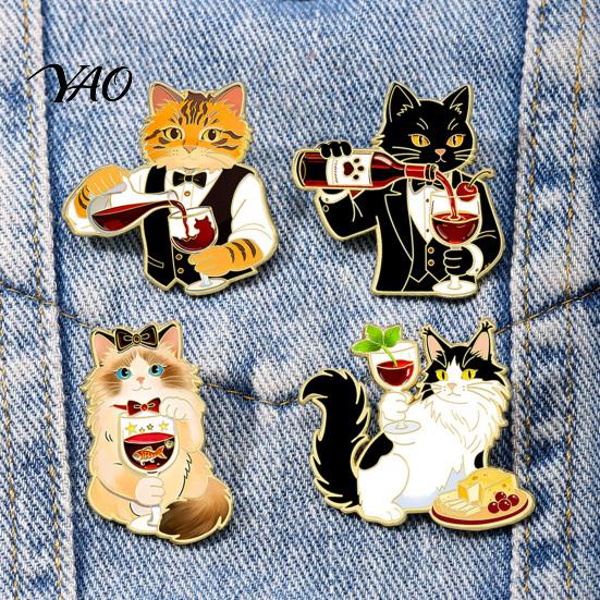 Red Wine Cat Brooch Cartoon Brooch, Enamel Kitten Lapel Hat Accessory Pin, Jackets Backpacks Clothes Decorative for Women Men Pin