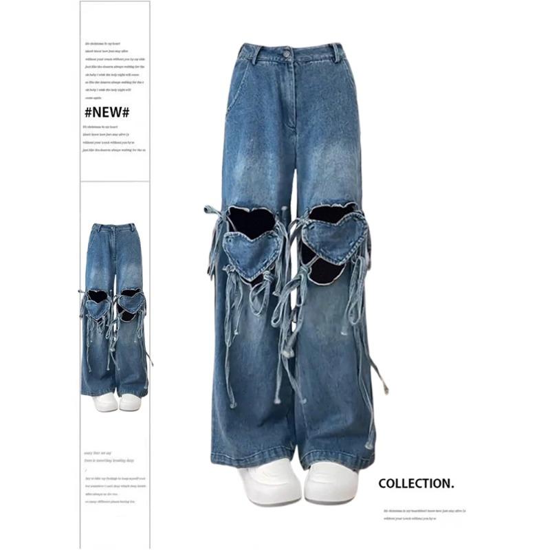 

Женские джинсы Y2k Harajuku 90-х годов Эстетические мешковатые джинсовые брюки с повязками Корейские джинсовые брюки с вырезами в форме сердца Винтажная одежда 2000-х годов S синий