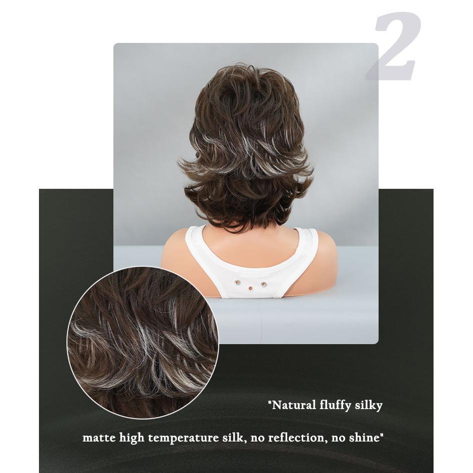 European American Pixie Short Wig for Women - 70s 80s Retro Style Gray Highlighted Short Hair, Summer Cool Synthetic Full Cap Wig, 2 Colors Available