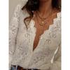 Women's Hollow Out Lace Shirt, Solid Color V-Neck Long Sleeve Loose Sexy Blouse, Casual Fashion Elegant Top