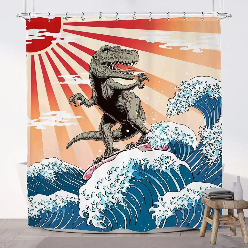 Dinozaur Śmieszny Dino Dzieci Zasłony Prysznicowe Zestaw Łazienkowy Chłopcy Zwierzę Cień Dziewczynki Kreskówka Sylwetka Czarno-Biała Sztuka Dekoracja Łazienki