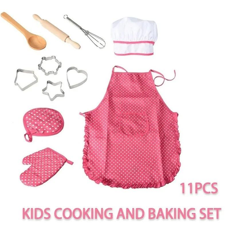 11Pcs/Set Kids Cooking Baking Set Kitchen Pretend Play Toys Includes Apron Chef Hat Mitt & Utensil Birthday Xmas Gifts for Girls