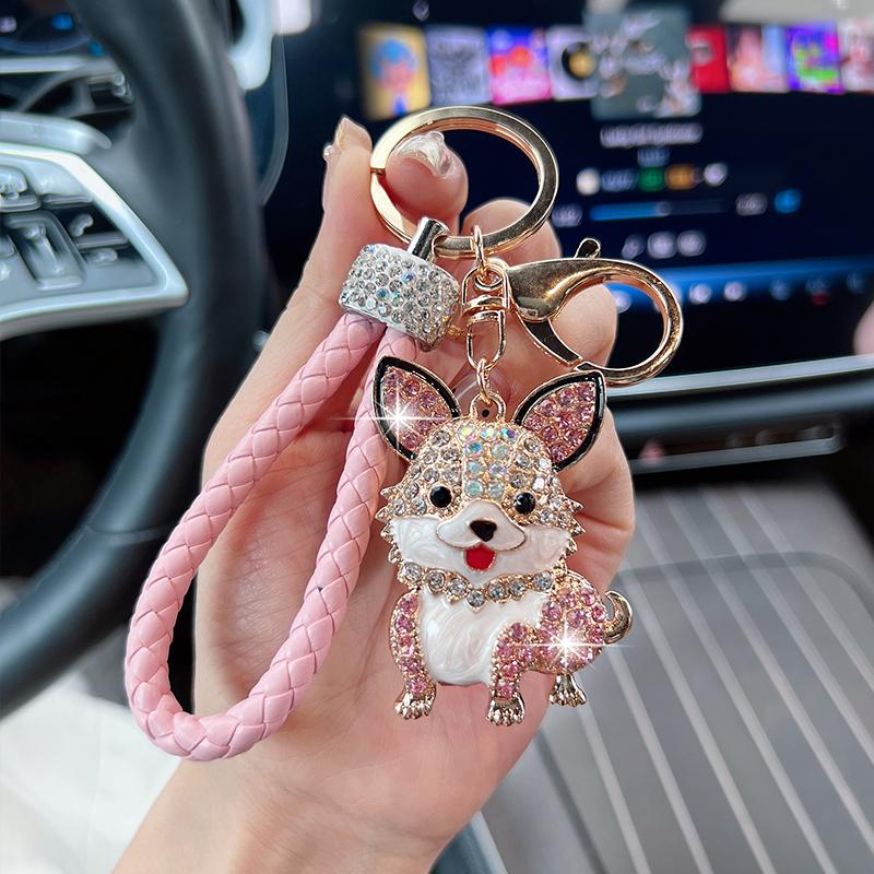 Cute Dog Car Key Chain Pendant Dripping Oil Inlaid with Diamonds Animal Puppy Fashion Bag Pendant Small Gifts