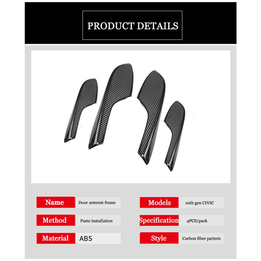 4x Carbon Fiber Look Interior Door Armrest Panel Trims For Honda Civic 2016-2020