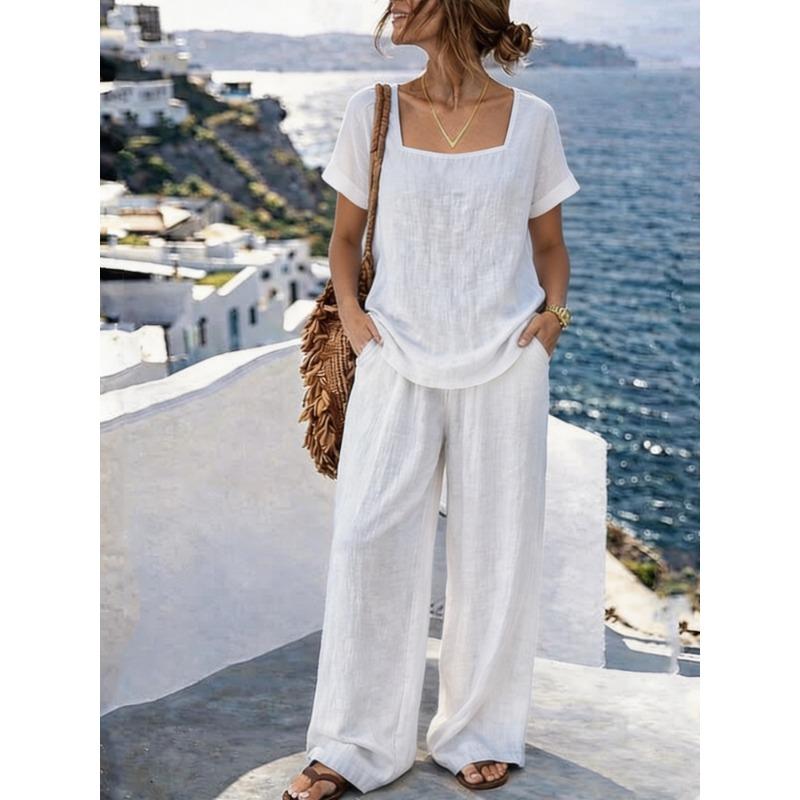 BITCED Women s Fashion Casual Short Sleeve Square Collar Pants Suits S белый
