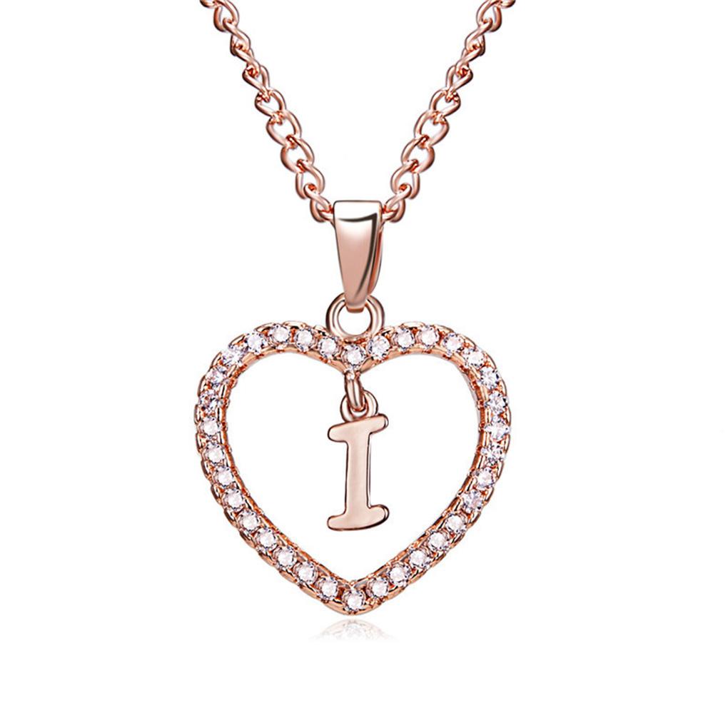 26 Letters W Heart Shape Pendant Necklace Rhinestone Rose Golden Clavicular Chain Jewelry Couple Gift