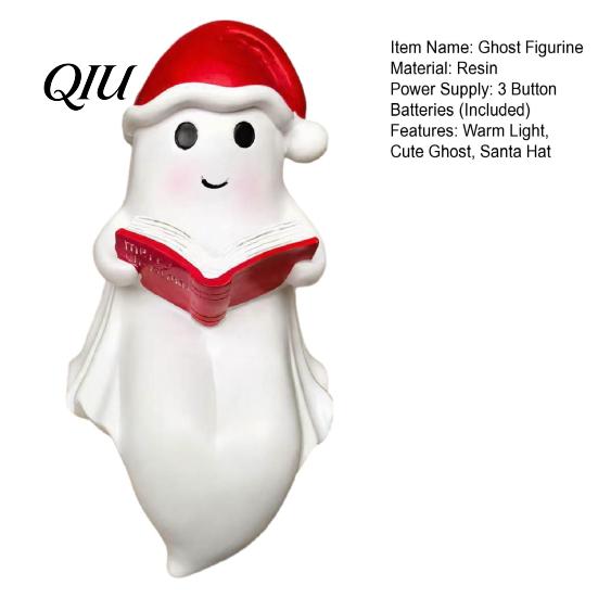 Indoor Tabletop Christmas Decor Cute Ghost Reading Book Lamp, Resin Figurine with Santa Hat, Desktop Ornament for Warm Lighted Halloween Night