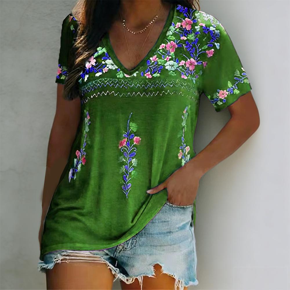 2026 New European & American Women s Summer Collection | Bohemian Printed V-Neck Short Sleeve T-Shirt S