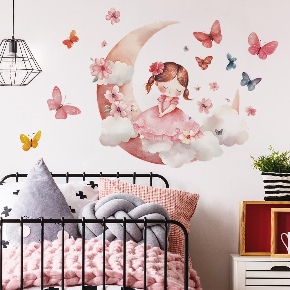 Cartoon Cute Little Girl Moon Butterfly Bedroom Living Room Entrance Hall Home Beautification Wall Stickers