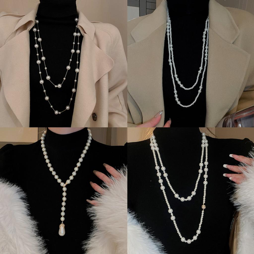 Diamond Water Drop Pearl Beaded Necklace Autumn and Winter French Light Luxury Sweater Chain Fashionable Versatile High-end Jewelry