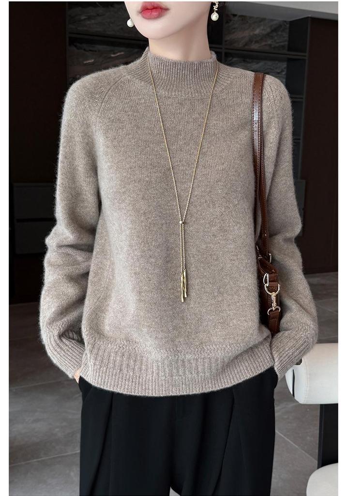 Autumn/Winter Women's Double-Ply Thick Wool Half-High Collar Raglan Sleeve Sweater 