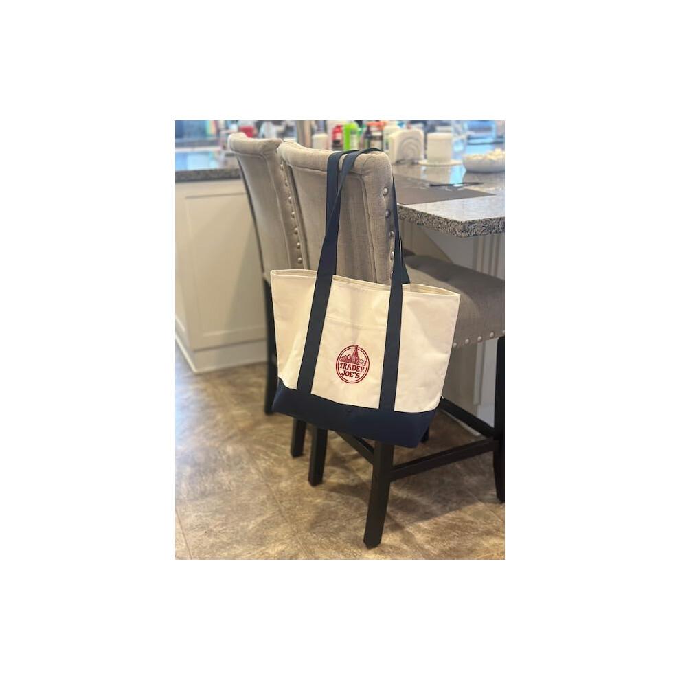 EXZMA Trader Joes Large Tote Shopping Bag Cotton Canvas Embroidered Bag (1) Navy Blue