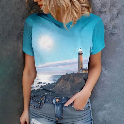 2025 Summer Women's Casual Fashion 3D Printed Simple Island Sentry Tower Pattern Short Sleeve T-shirt for Girls Elegant T-shirt