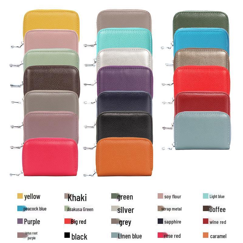 Accordion Top Grain Cowhide RFID Anti-Theft Multi-Card Zipper Leather ID Card Holder
