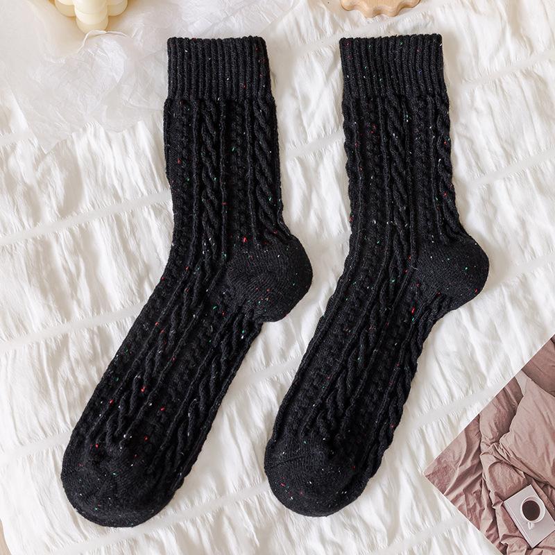 Wool Socks Children S Season Mid-Tube Socks Versatile Solid Color Retro Twist Pattern Fleece Thickened Warm Pile Socks Women One size чёрный