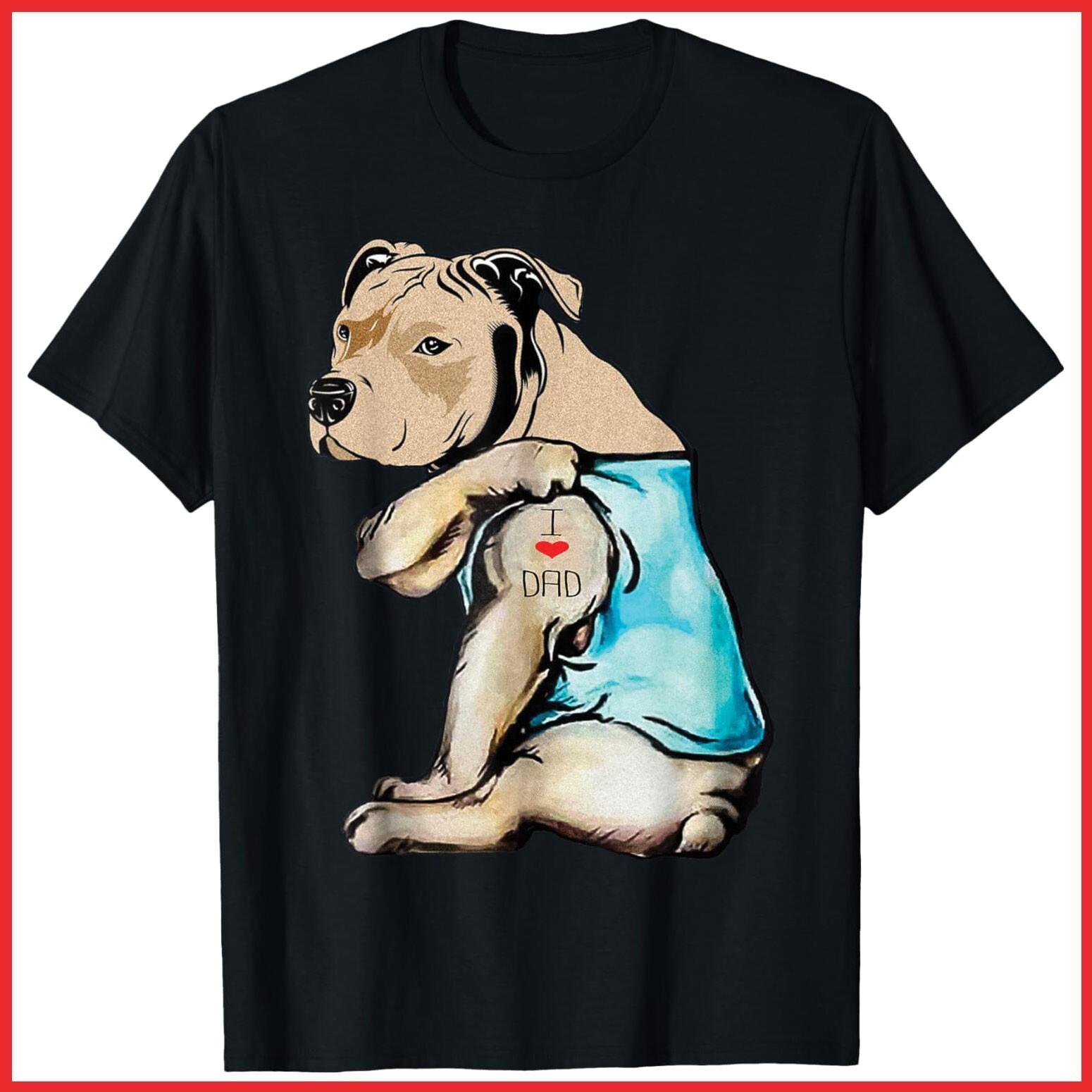 Pitbull Dog I Love Dad Tattoo Funny Family Black Cotton T-Shirt S-5XL M
