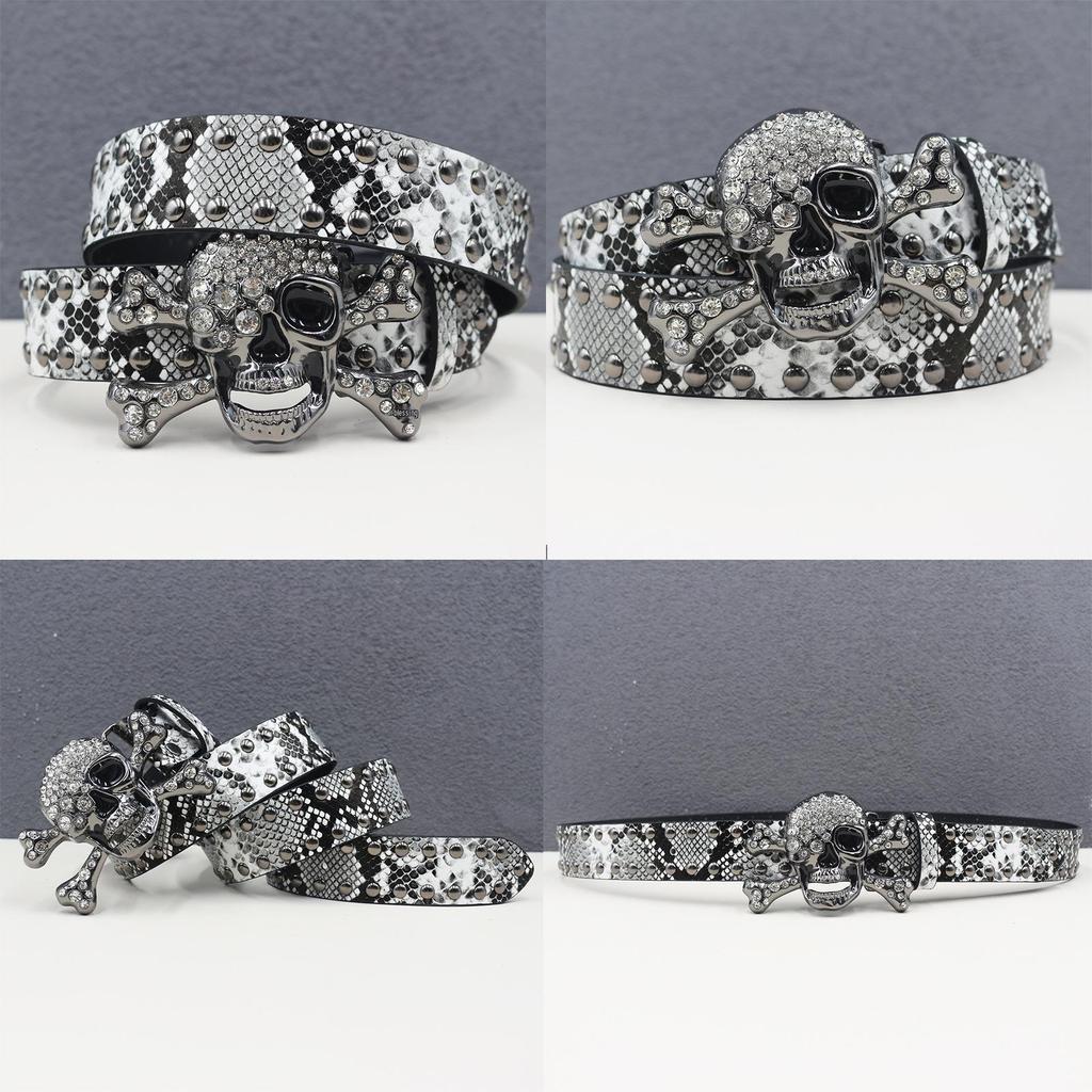 Y2K Rhinestone Skull & Snake Punk Belt - Unisex Leather with Rivet Decoration