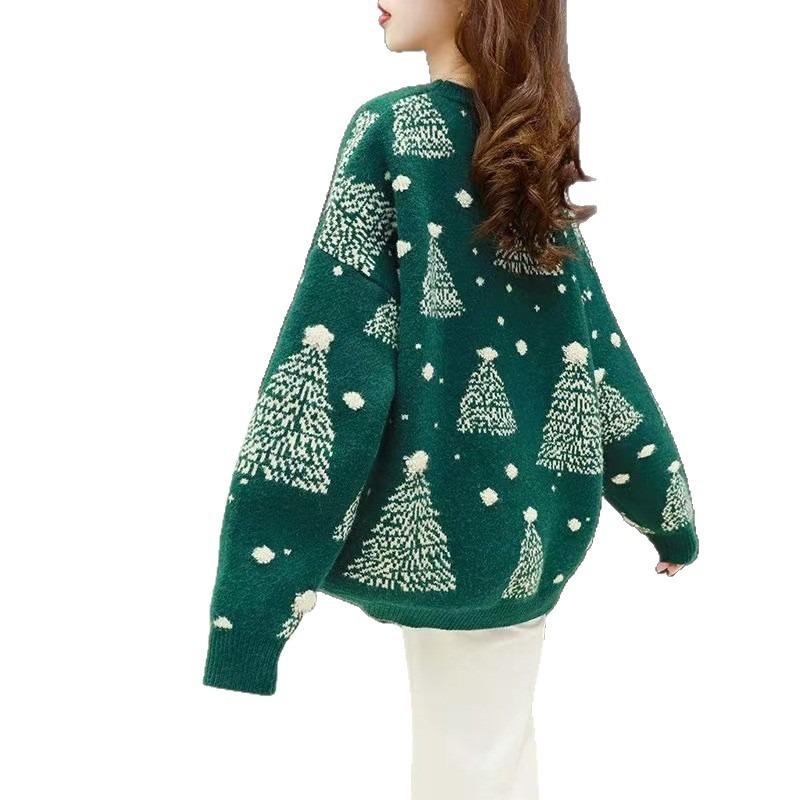 Autumn and Winter New Round Neck Pullover Loose Lazy Style Christmas Design Versatile Knitted Sweater Top Women