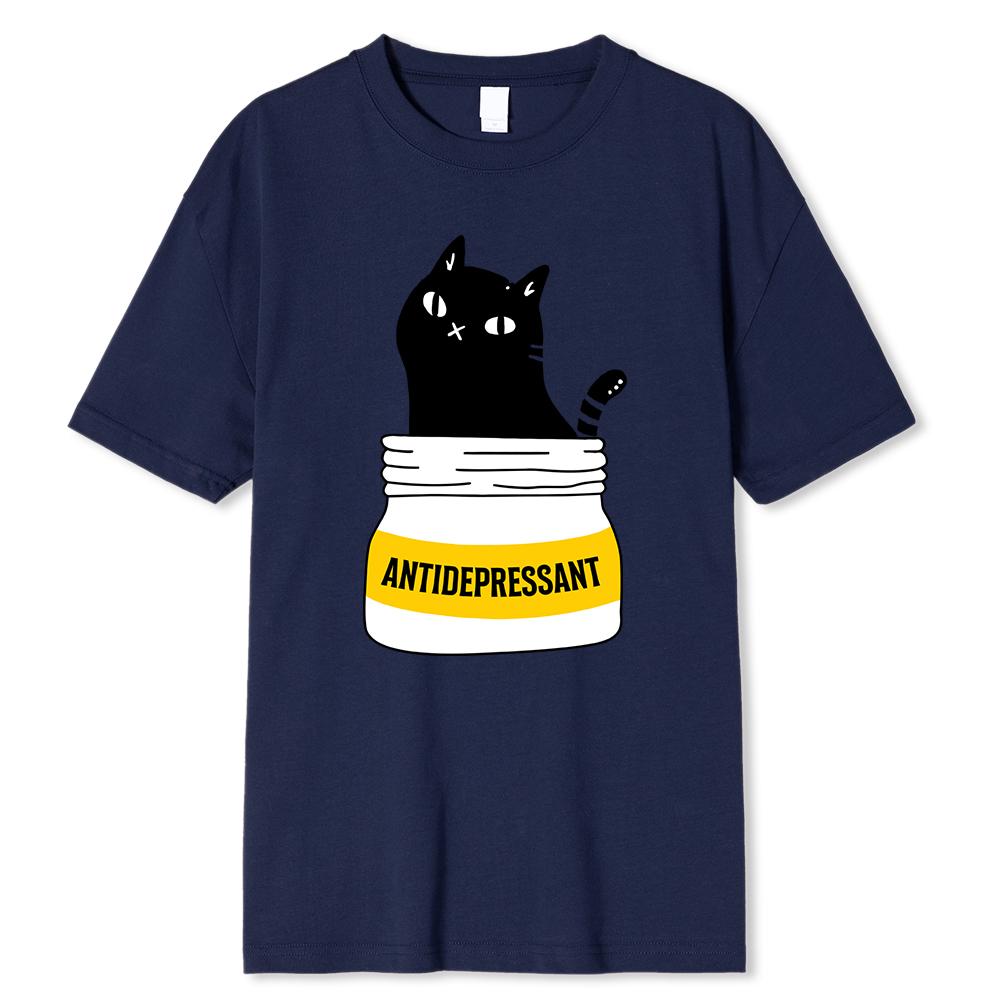 Černá kočka jí antidepresivum vtipný tisk pánské tričko módní nadměrné tričko vysoce kvalitní bavlněná trička letní krátký rukáv