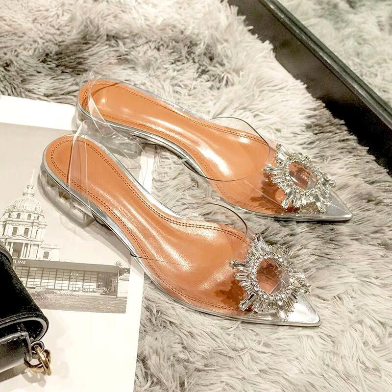New summer thin heel rhinestone sandals pointed transparent crystal high heels women's shoes
