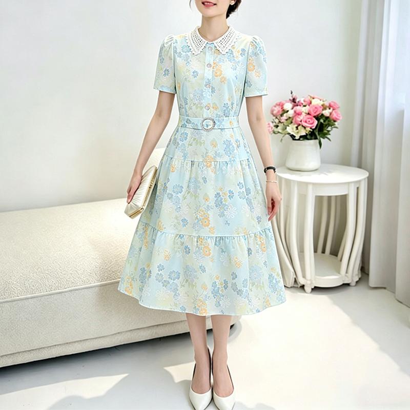 ZANZEA Women Lace Splice Collar Casual Short Sleeve Floral Dress M светло-синий
