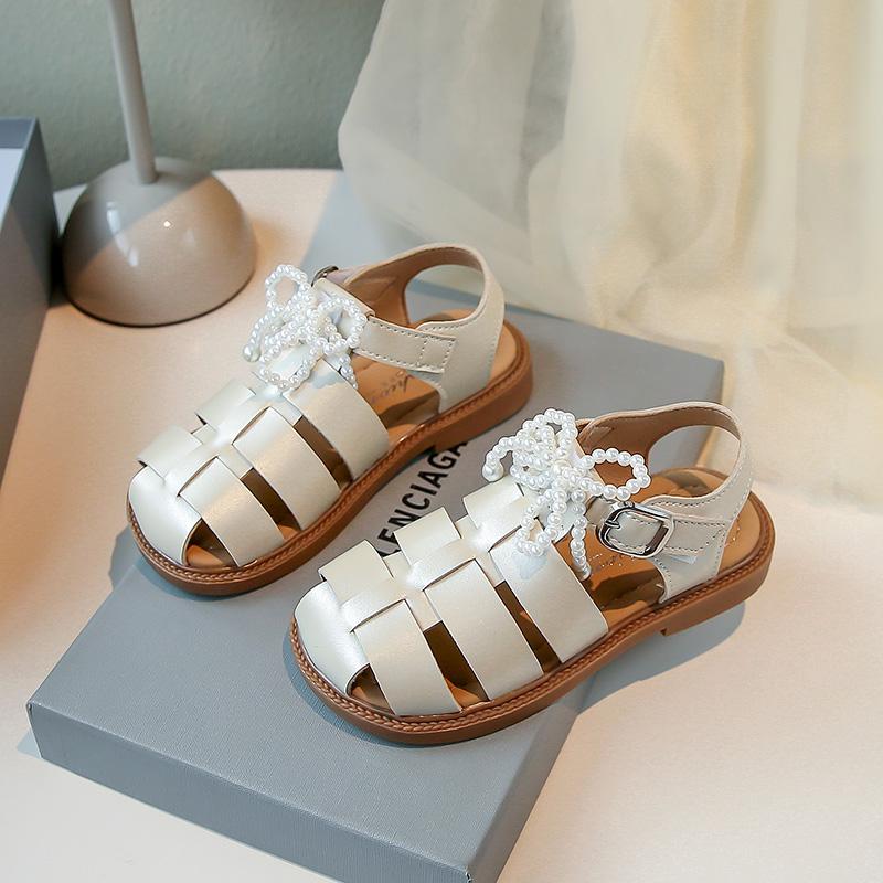 Girls Sandals Soild Color Versatile Kids Princess Shoes Beading Bows 2025 Summer New Children Beach Shoes Hook&loop Soft Sole