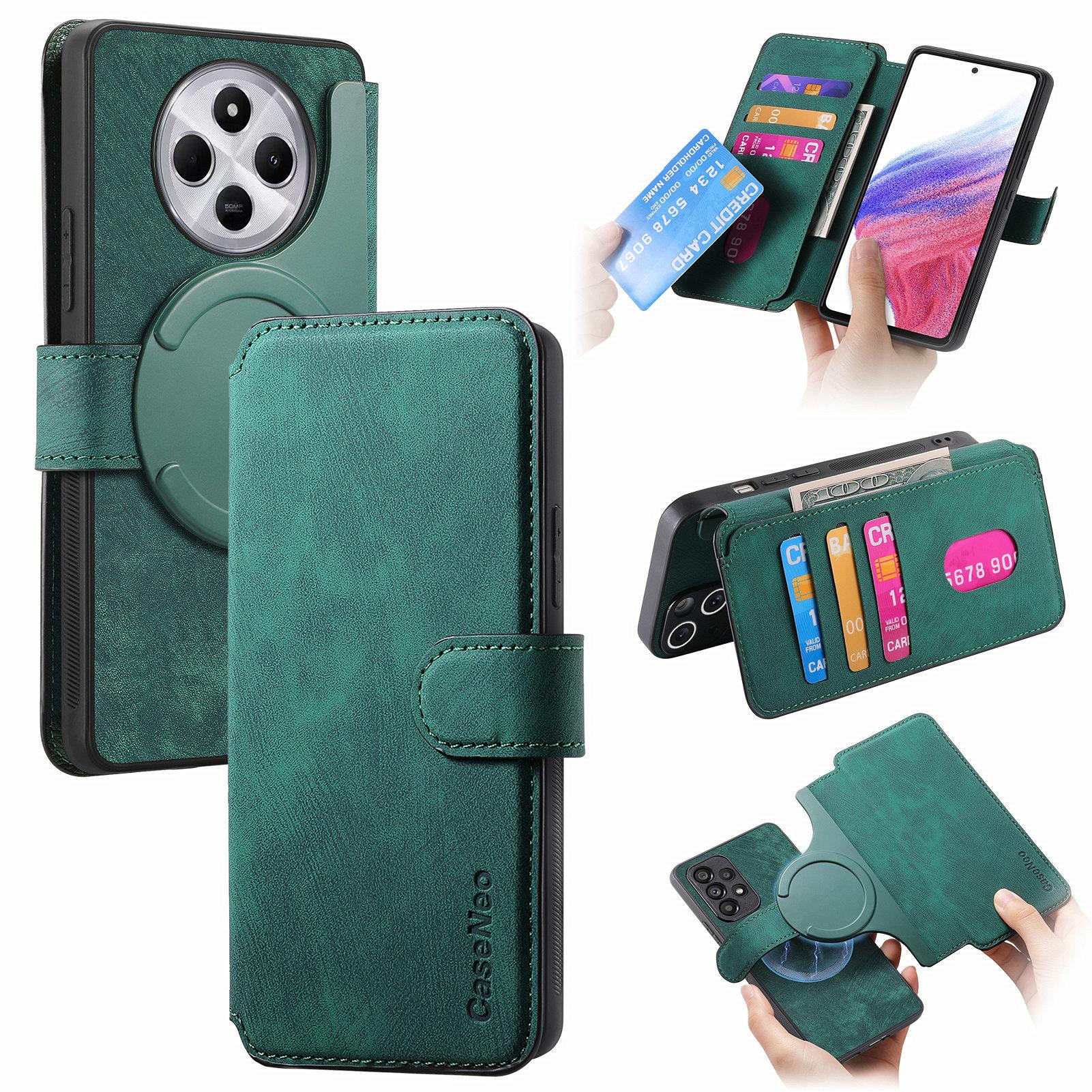 

2 in 1 Detachable Magnetic Leather Case For Redmi Note 15 14 13 Pro Plus 14 12 13C + Flip Cards Solt Wallet Book Cover Etui Redmi Note 15 Pro+ зелений