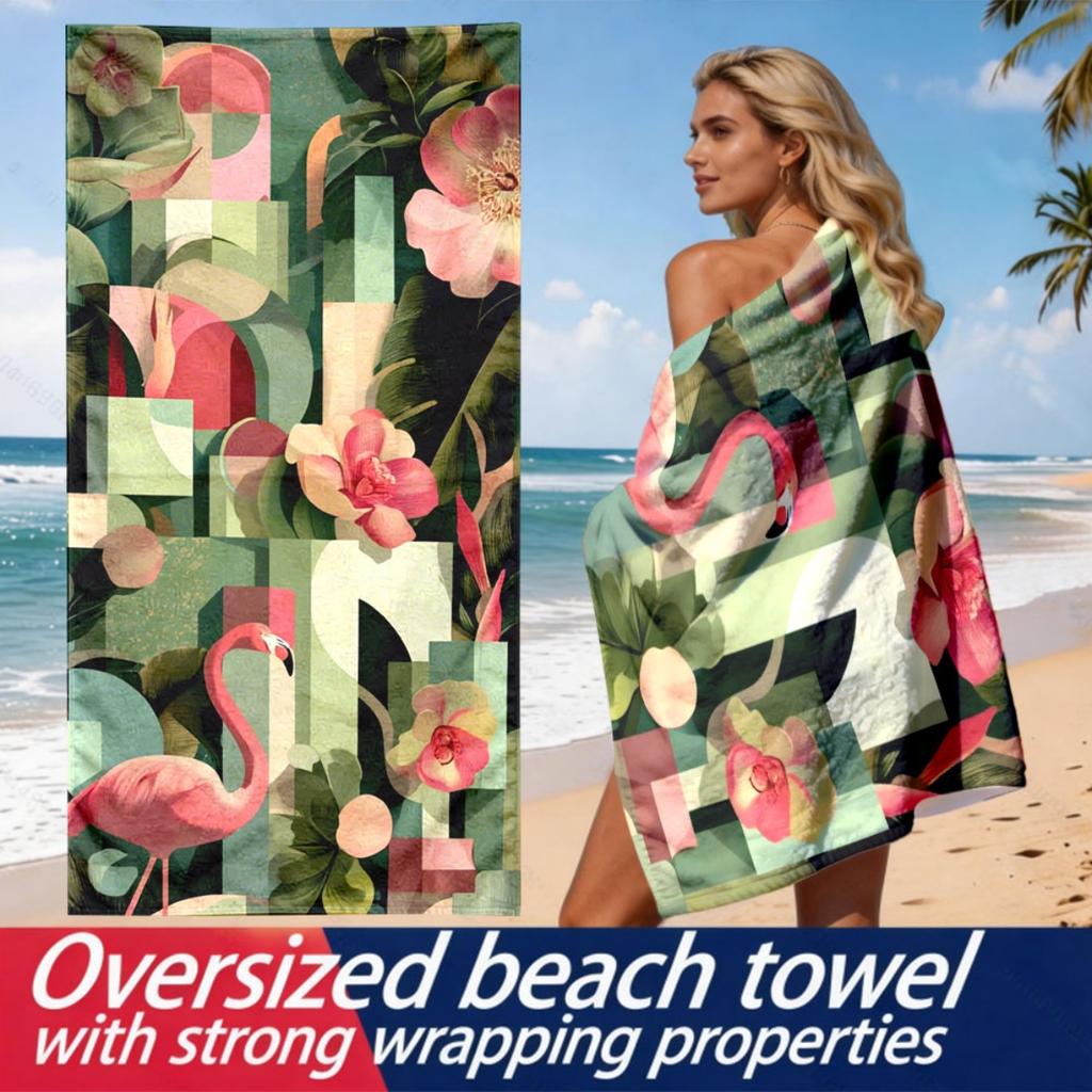 Modernes geometrisches Flamingo-Mikrofaser-Strandtuch aus Polyester ist hochsaugfähig, geeignet für Schwimm- und Strandausflüge.