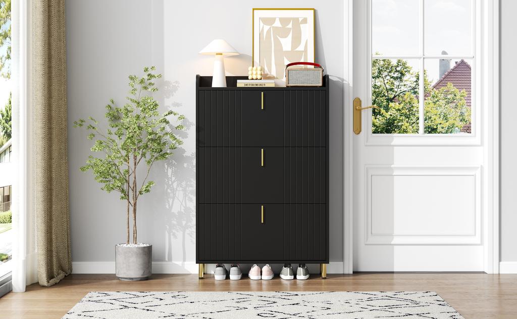 Shoe Cabinet with 3 Flaps, Narrow Shoe Rack Shoe Tilt Cabinet, with 6 Compartments, Adjustable, Anti-Tip Device for Entryway, 80*23.5*123.5cm, Black